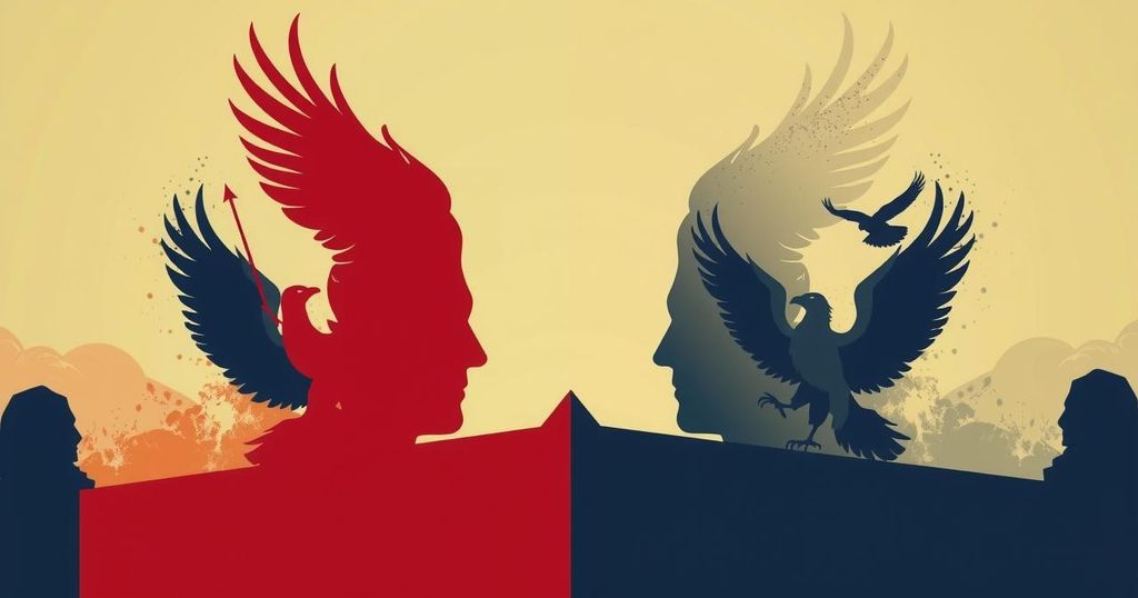 A political scene depicting divided opinions on military action, featuring neutral tones and a contrasting color palette.