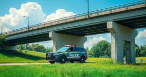 Police vehicle at a stop-and-search point under a bridge, surrounded by lush greenery and a clear blue sky.