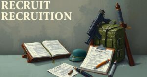 Abstract representation of recruitment, featuring symbolic elements like contracts and military gear, in muted colors.