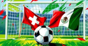 A vibrant illustration of soccer elements featuring a soccer ball, goalposts, and flags representing Switzerland and Mexico.