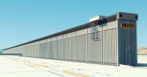 U.S.-Mexico border wall construction with barriers and technology against a blue sky.