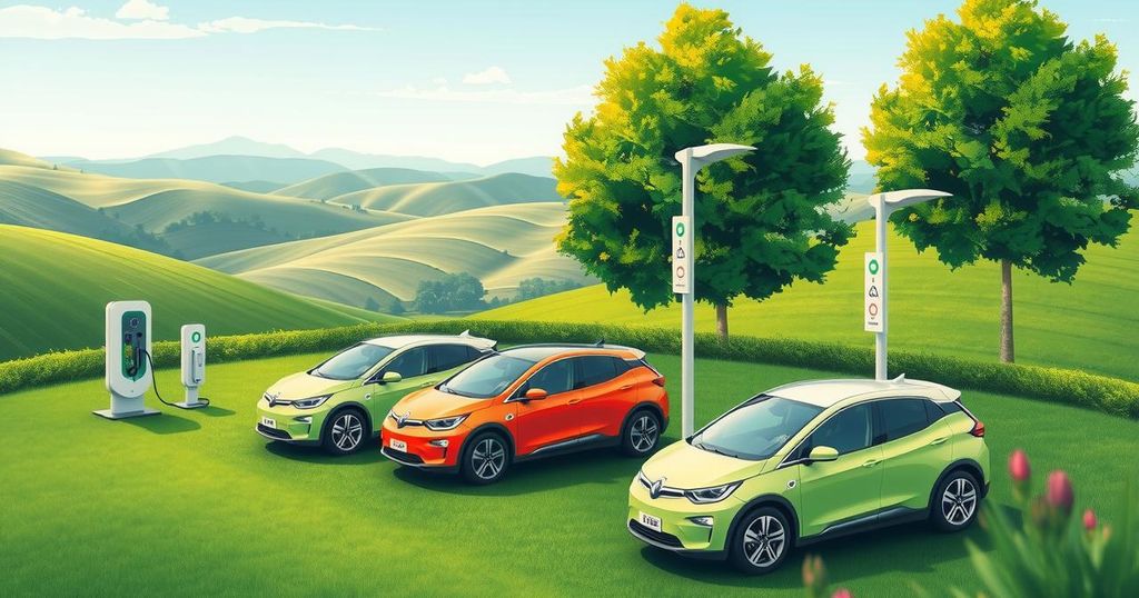 Electric vehicles and charging stations in a vibrant green landscape promoting sustainable mobility in Rwanda.