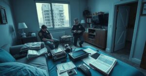 A police operation scene with officers securing evidence in an urban apartment setting, featuring tech gadgets.