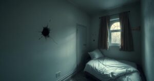 A somber bedroom with bullet holes in the wall showing the impact of violence, reflecting community struggles in Cape Town.