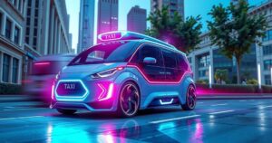 A futuristic robotaxi driving on urban streets with glowing lights and a sleek design in a modern cityscape.