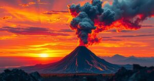 Volcano erupting with gas and ash plume against a dramatic sky, showcasing the power of nature.