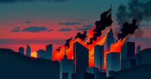 A dynamic skyline at dusk with abstract shapes representing conflict, using dark blues and fiery oranges.
