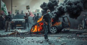 Demonstrators marching in Nairobi against police actions, with smoke rising from a burning vehicle in the background.