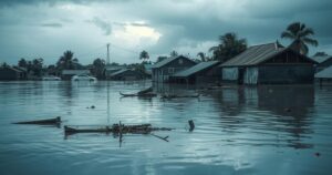 Flooded market town in Nigeria with submerged buildings and debris under a gloomy sky.