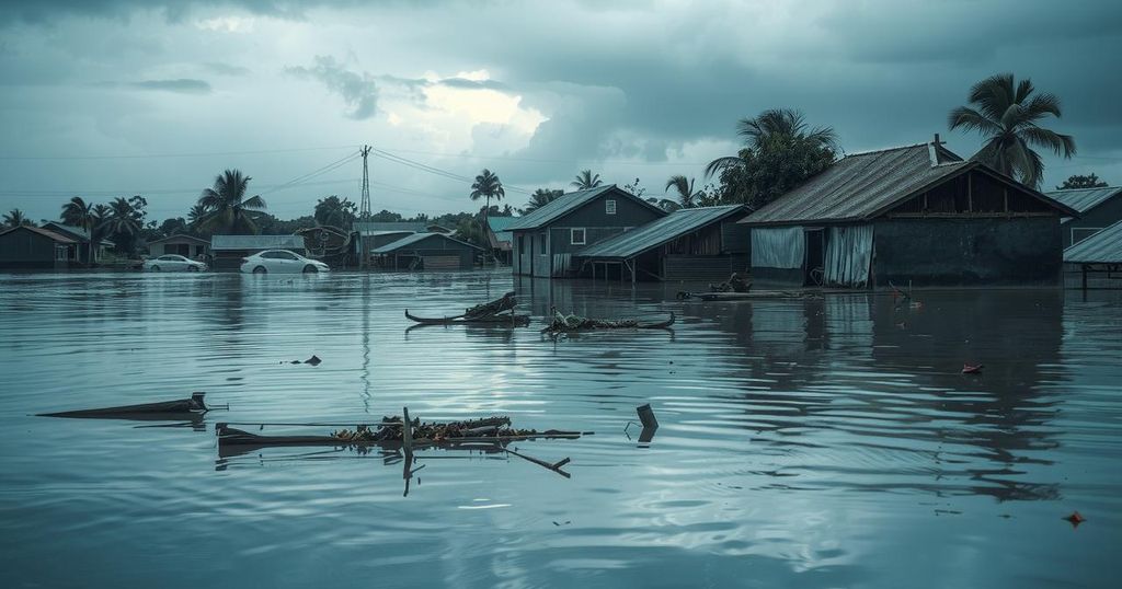 Flooded market town in Nigeria with submerged buildings and debris under a gloomy sky.