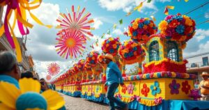 Colorful Carnival decorations in Veracruz, featuring vibrant floats and festive elements, showcasing a lively atmosphere.