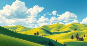 A scenic Montana landscape with blue skies, sunshine, and green hills representing beautiful weather.