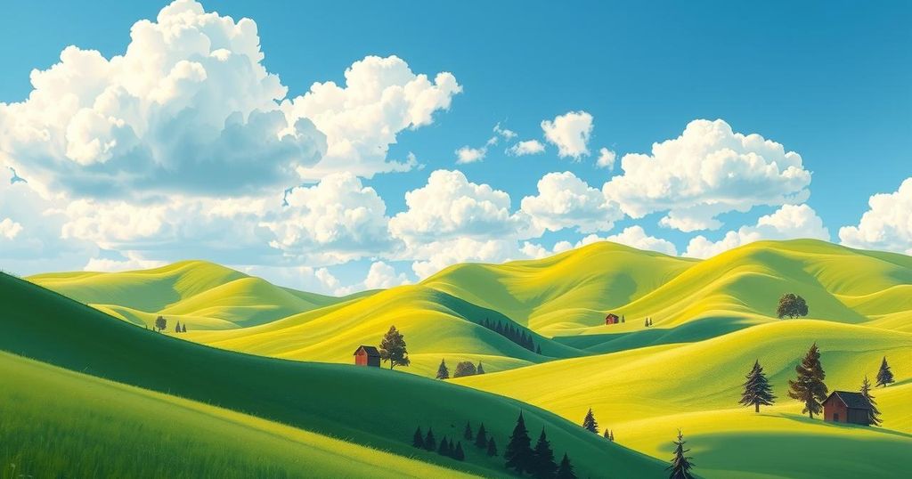 A scenic Montana landscape with blue skies, sunshine, and green hills representing beautiful weather.