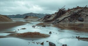 Devastated landscape after flood with debris and piled sand evoking feelings of loss and resilience.