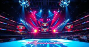 WWE SmackDown logo with lights and arena setting, conveying technical difficulties during a segment.