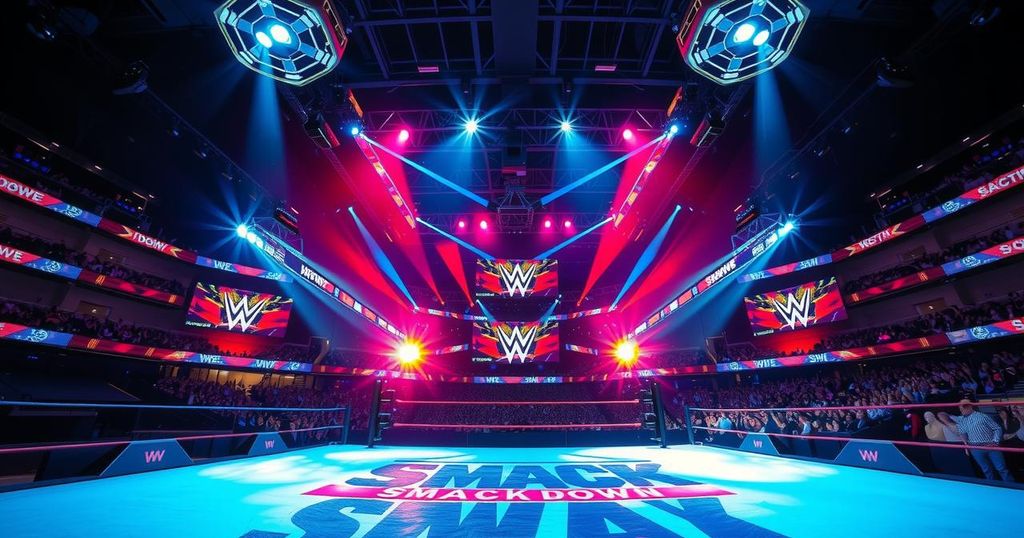 WWE SmackDown logo with lights and arena setting, conveying technical difficulties during a segment.