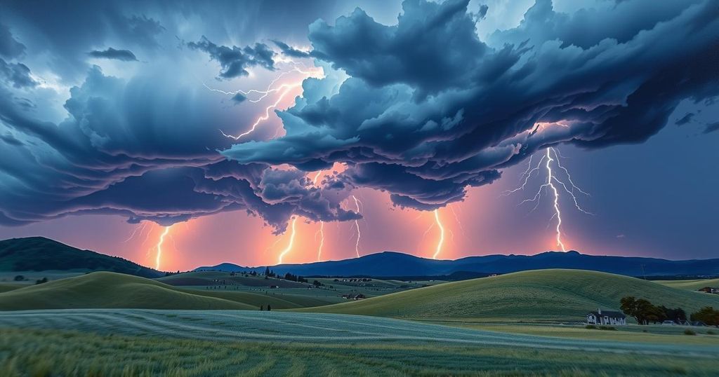 Thunderstorm clouds and rain over rolling hills in Southern Colorado, showcasing a dramatic evening sky.