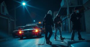 Vigilante members and police officers arresting cable thieves in Niger during the nighttime.