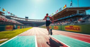 Vibrant track scene with a blurred runner crossing the finish line, surrounded by cheering spectators and colorful banners.