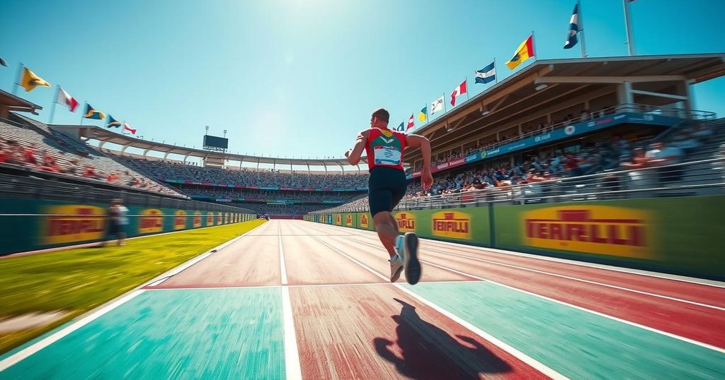 Vibrant track scene with a blurred runner crossing the finish line, surrounded by cheering spectators and colorful banners.