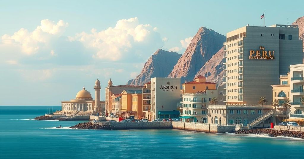A serene coastal landscape of Peru with buildings and a clear sky, representing impending seismic events.