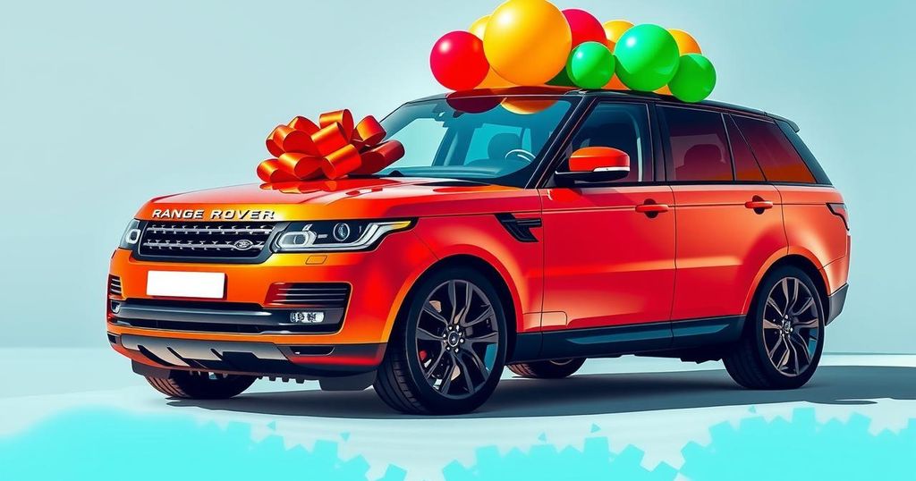 A luxurious car surrounded by colorful balloons, symbolizing extravagant gifts and philanthropy in Zimbabwe.
