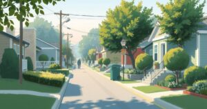 A peaceful neighborhood scene highlighting a serene atmosphere with greenery and simple architecture.