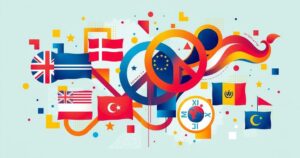 Abstract representation of international diplomacy, showcasing flags and peace symbols with vibrant colors.