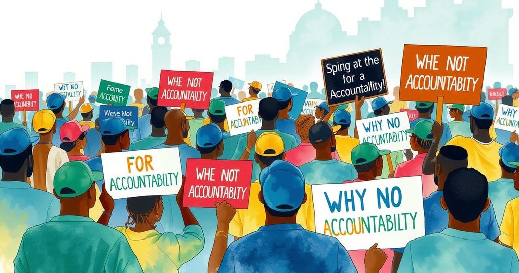 Peaceful protest scene in Nairobi, depicting people holding signs and demanding accountability, in vibrant colors.