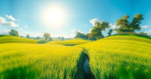 Scenic view of a sunny landscape with vibrant green fields under a bright blue sky in a warm color palette.