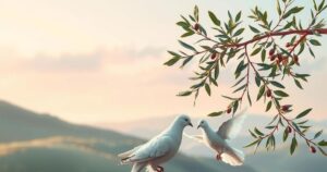 A serene landscape depicting peace and unity, featuring olive branches, doves, and gentle dawn light.