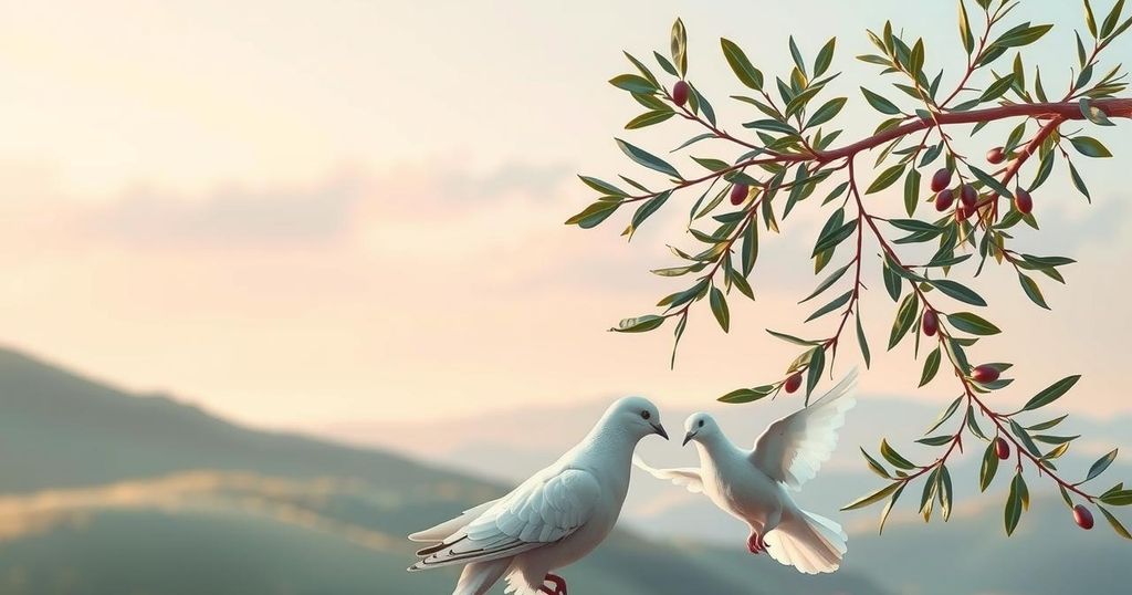 A serene landscape depicting peace and unity, featuring olive branches, doves, and gentle dawn light.