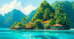 A colorful representation of a tropical island symbolizing political change and elections in Samoa
