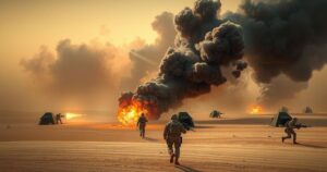A dramatic scene of a military camp under attack, representing conflict and upheaval in a desert setting.