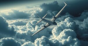 A symbolic representation of a luxury airplane shadowed by a stormy skyline, evoking drama and intrigue in the aviation world.