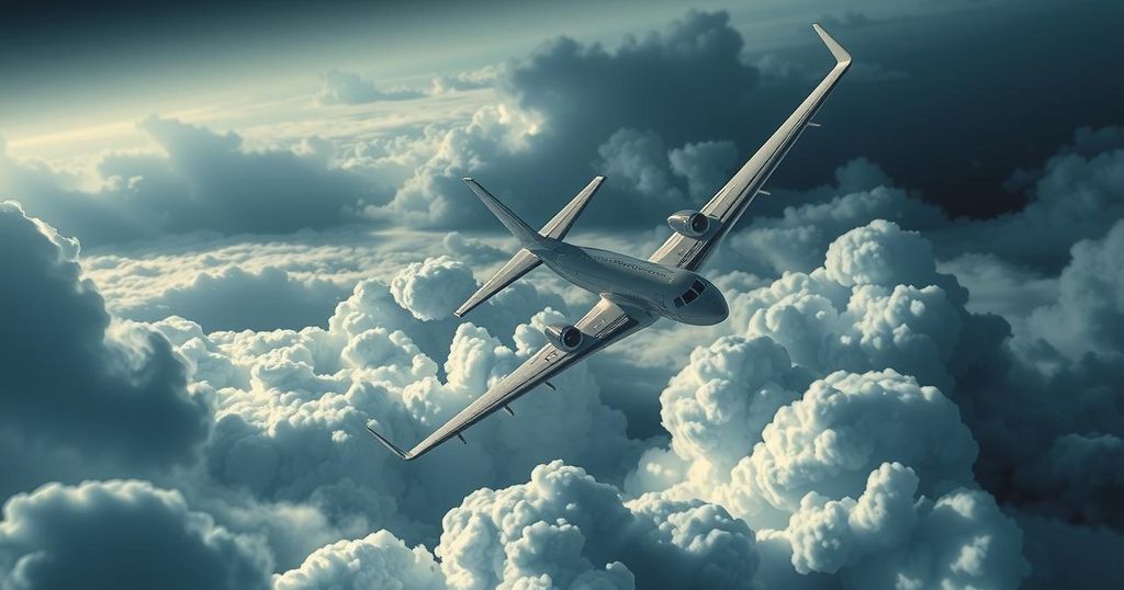 A symbolic representation of a luxury airplane shadowed by a stormy skyline, evoking drama and intrigue in the aviation world.