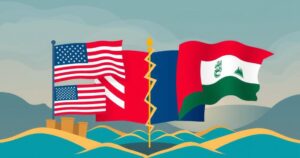 Political divide illustration with symbols of U.S. and Middle East, featuring contrasting color schemes and styles.