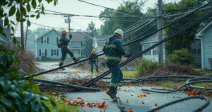 Power restoration efforts in Jamaica after strong winds, with utility workers and fallen debris around power lines.