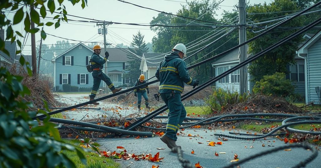 Power restoration efforts in Jamaica after strong winds, with utility workers and fallen debris around power lines.