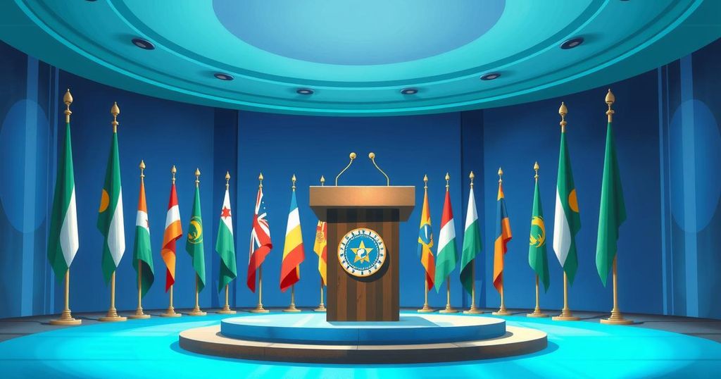 A serene political setting with a podium and symbolic elements, representing unity and leadership in a party meeting.