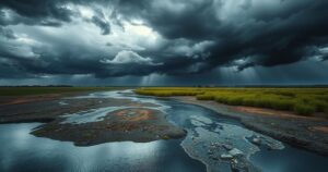 Heavy rain clouds over a flooded landscape with fast-flowing water, creating a dramatic weather scene.