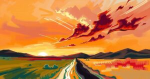 Dramatic artwork capturing a ceasefire between two stylized, abstract landscapes representing Iran and Israel, with a sunset backdrop.