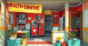 A vibrant health center scene in Maputo, showcasing community care with colorful banners and medical supplies.