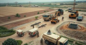 Military construction workers building infrastructure with machinery in a rural area, in muted earth tones.
