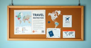 A travel restriction notice on a bulletin board, with maps and travel icons in muted colors.
