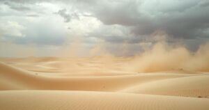 A desert landscape with dusty winds and high humidity, featuring muted colors of sand and grey clouds.