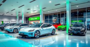 Electric vehicles showcased in a vibrant dealership with a modern aesthetic and a palette of green and blue.