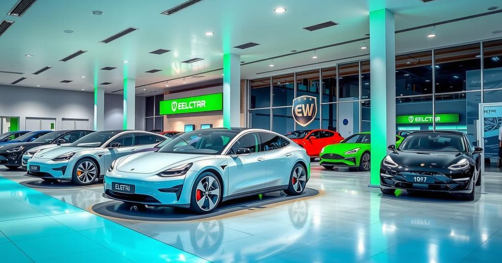 Electric vehicles showcased in a vibrant dealership with a modern aesthetic and a palette of green and blue.