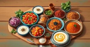 A vibrant Moroccan feast featuring colorful salads, dips, and exotic spices on a wooden table.