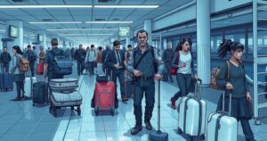 Miami International Airport bustling with travelers amidst a travel ban, displaying caution and uncertainty.